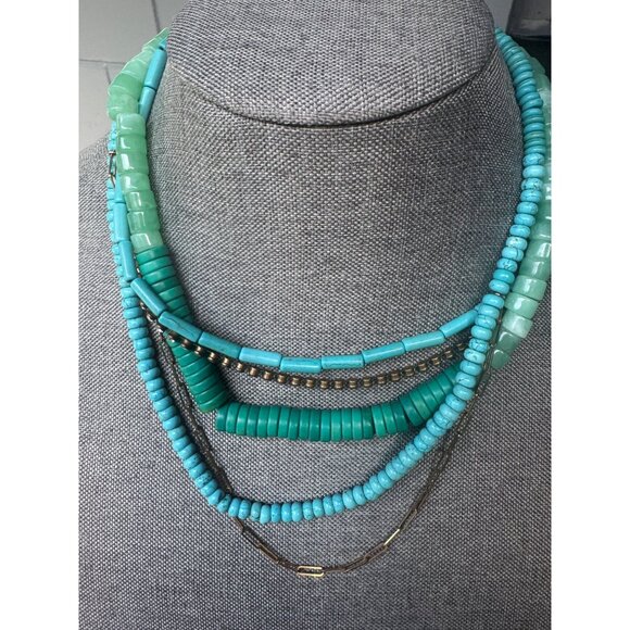 Serafina Multi-Strand Turquoise & Green Beaded Necklace With Gold Chain Accents - Picture 1 of 6